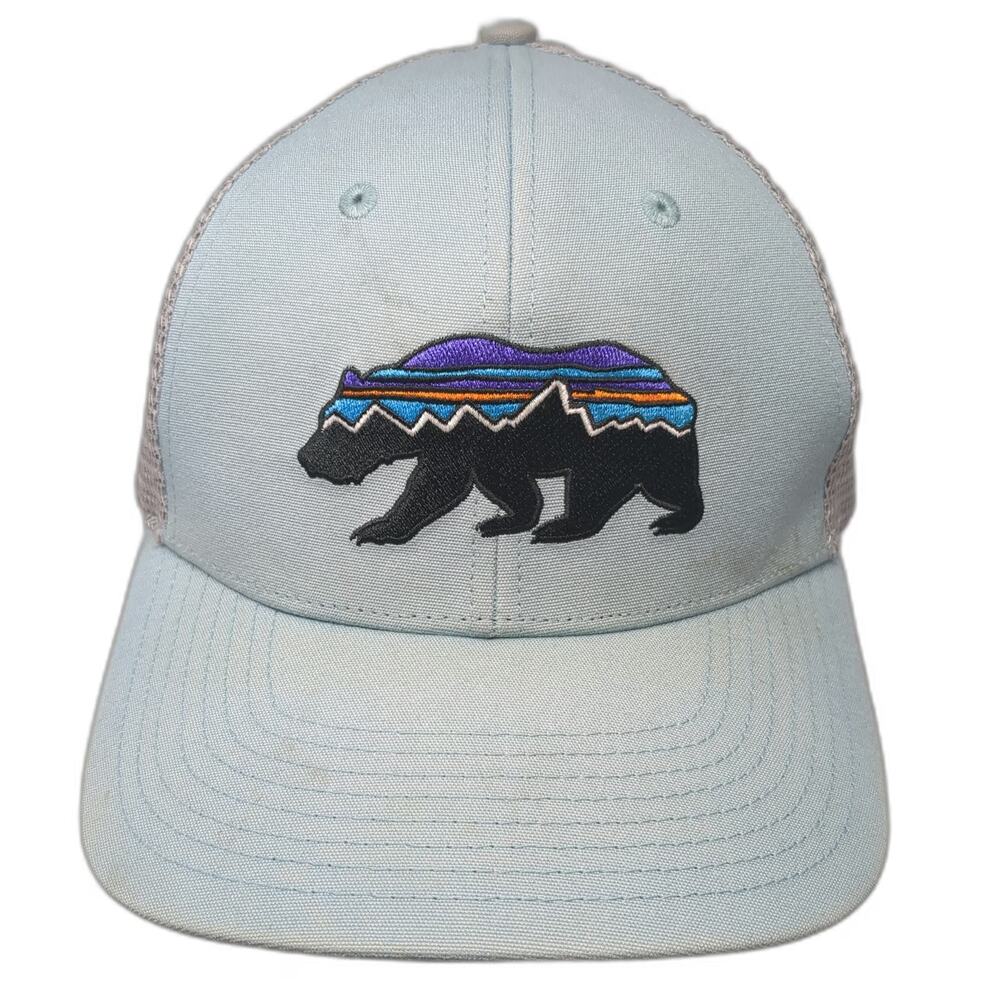 Patagonia Trucker Hat Blue One Size Bear Fitz Roy Logo Mesh Snapback Hiking Gray